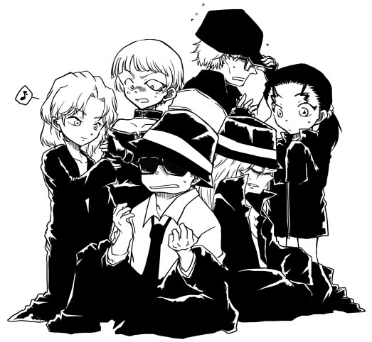 3boys 3girls age_regression annoyed bare_shoulders baseball_cap chianti_(meitantei_conan) child choker clothes_pull coat collared_shirt confused female_child fingerless_gloves flying_sweatdrops full_body gin_(meitantei_conan) glasses gloves greyscale hair_ornament hair_pulled_back hair_scrunchie hand_on_headwear hands_up hat humming jacket korn_(meitantei_conan) long_sleeves male_child meitantei_conan mizunashi_rena monochrome multiple_boys multiple_girls musical_note off_shoulder oversized_clothes pants pants_pull ponytail scared scrunchie shirt shoes short_hair smile spoken_musical_note sunglasses surprised suruga_(135221) vermouth_(meitantei_conan) vodka_(meitantei_conan) wavy_hair younger