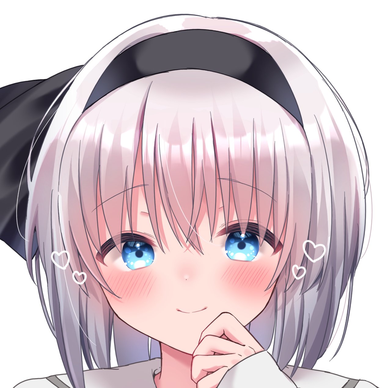 1girl bangs black_hairband black_ribbon blue_eyes blush closed_mouth collarbone collared_dress commentary_request dress eyebrows_visible_through_hair eyes_visible_through_hair grey_hair hair_between_eyes hairband heart highres konpaku_youmu looking_at_viewer otowa_(otoha4634) ribbon short_hair simple_background smile solo touhou upper_body white_background