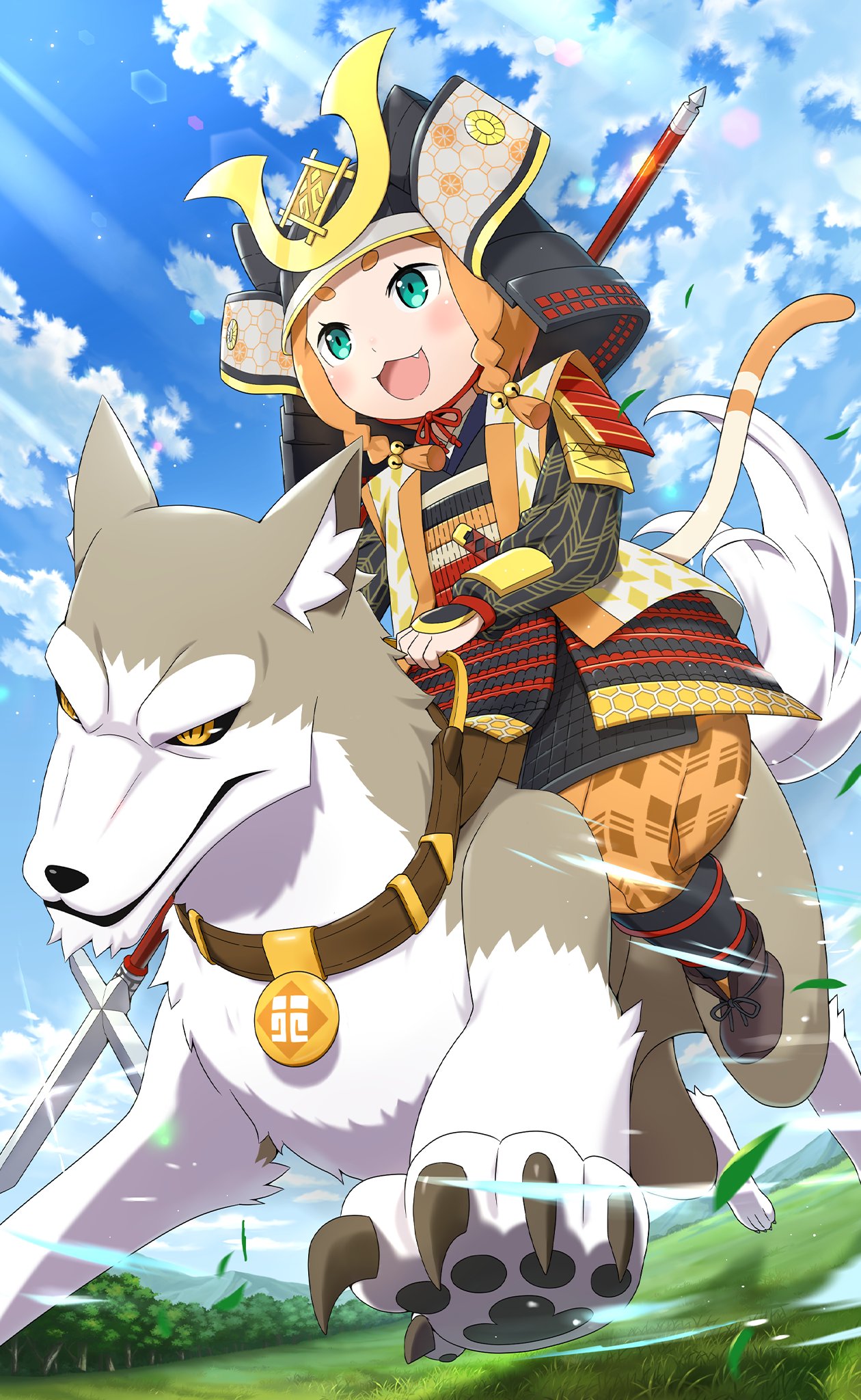 1girl alternate_costume aqua_eyes armor bell braid clouds cloudy_sky day dog fangs helmet highres holding holding_polearm holding_weapon japanese_armor kabuto_(helmet) leaf long_sleeves looking_at_viewer mimi_pearlbaton official_art open_mouth orange_hair outdoors polearm re:zero_kara_hajimeru_isekai_seikatsu shikoro short_hair shoulder_armor sky smile twin_braids weapon