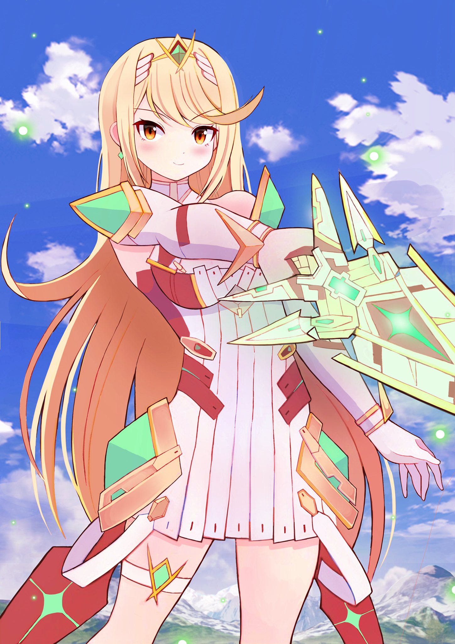 1girl armor bangs blonde_hair blue_sky closed_mouth clouds cloudy_sky commission dress earrings elbow_gloves gloves highres holding holding_sword holding_weapon jewelry long_hair looking_at_viewer mikoko1 mythra_(xenoblade) outdoors pauldrons shoulder_armor skeb_commission sky smile solo sword tiara weapon white_dress white_gloves xenoblade_chronicles_(series) xenoblade_chronicles_2 yellow_eyes
