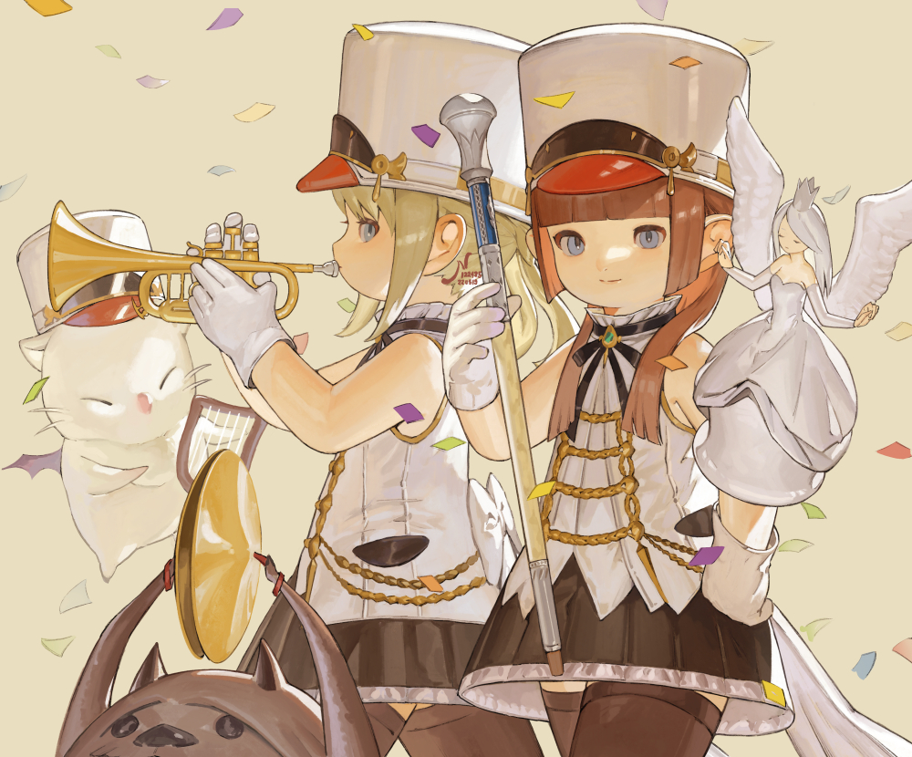 2girls aiguillette avatar_(ff14) bangs bare_shoulders bat_wings baton_(conducting) black_legwear black_skirt blonde_hair blue_eyes blunt_bangs blunt_ends brown_hair confetti cowboy_shot cymbals final_fantasy final_fantasy_xiv from_side gloves hand_on_hip hat hime_cut holding holding_instrument holding_wand instrument lalafell long_hair looking_at_viewer lyre marching_band moogle multiple_girls music n122425 neck_ribbon playing_instrument pointy_ears profile ribbon shako_cap shirt simple_background skirt sleeveless sleeveless_shirt smile split_ponytail thigh-highs trumpet walking wand whiskers white_gloves white_shirt wings yellow_background