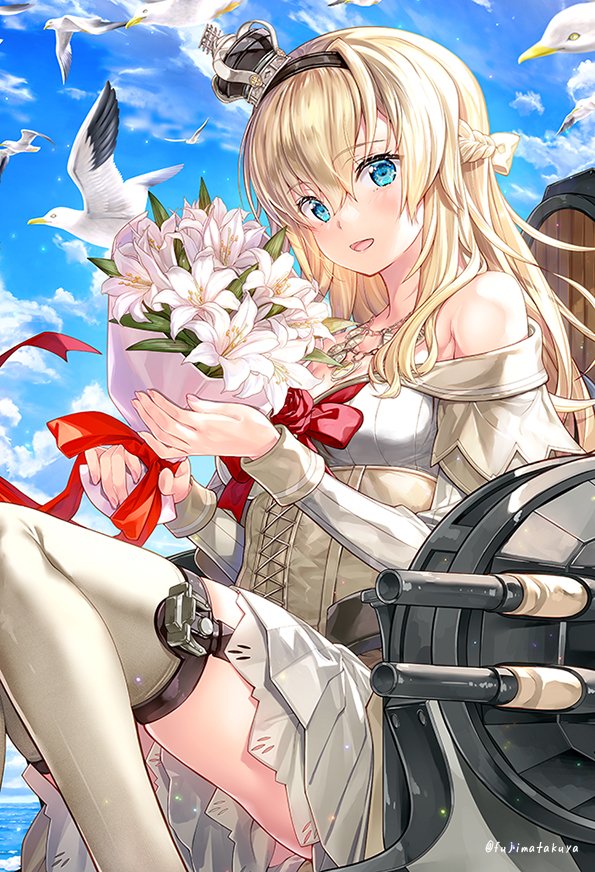 1girl bird black_hairband blonde_hair blue_eyes blue_sky bouquet braid breasts cannon clouds commentary_request corset crown day dress english_commentary engrish_commentary flower french_braid fujima_takuya garter_straps hairband holding holding_bouquet kantai_collection long_hair long_sleeves medium_breasts mini_crown mixed-language_commentary off-shoulder_dress off_shoulder outdoors red_flower red_rose rose seagull sky solo thigh-highs turret warspite_(kancolle) white_dress white_flower white_legwear