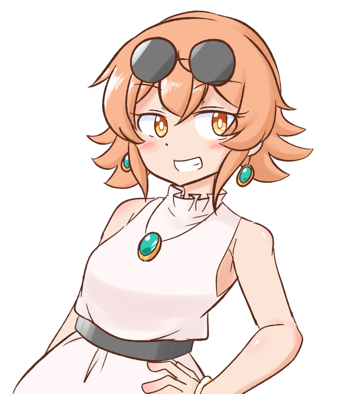 1girl alternate_hairstyle bare_shoulders blush bracelet dress earrings eyebrows_visible_through_hair eyewear_on_head grin hand_on_hip jewelry looking_at_viewer mizusoba necklace no_hat no_headwear no_jacket orange_hair sleeveless smile solo sunglasses touhou yorigami_jo'on