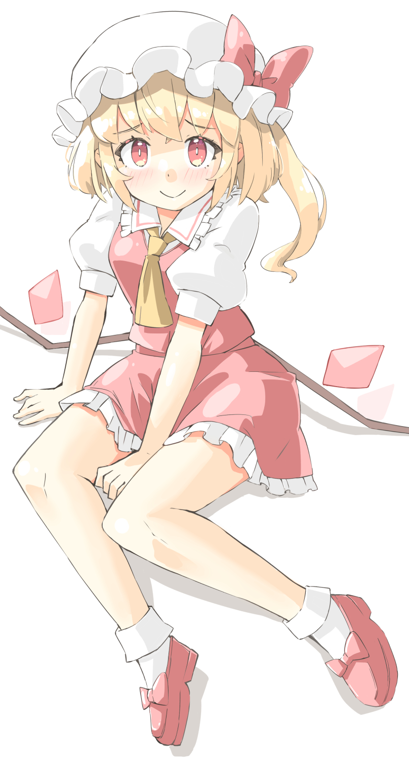 1girl arm_support arnest ascot blonde_hair blush flandre_scarlet furrowed_brow hat highres looking_at_viewer mob_cap puffy_short_sleeves puffy_sleeves red_eyes red_skirt ribbon shoes short_sleeves simple_background sitting skirt smile socks solo touhou vest white_background white_legwear wings yokozuwari