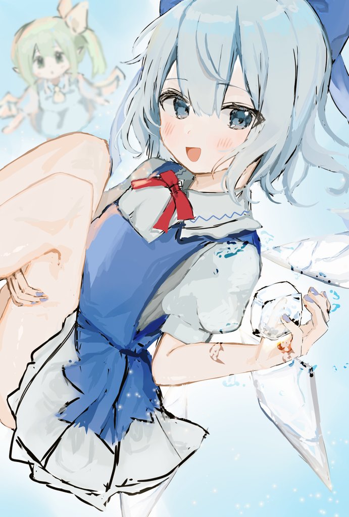 2girls :d bangs blue_bow blue_dress blue_eyes blue_hair blurry blurry_background blush bow cirno daiyousei dress eyebrows_visible_through_hair feet_out_of_frame hair_bow ice ice_cube ice_wings looking_at_viewer multiple_girls nail_polish nano_(nazuna0512) open_mouth pinafore_dress puffy_short_sleeves puffy_sleeves shirt short_hair short_sleeves smile solo_focus touhou white_shirt wings