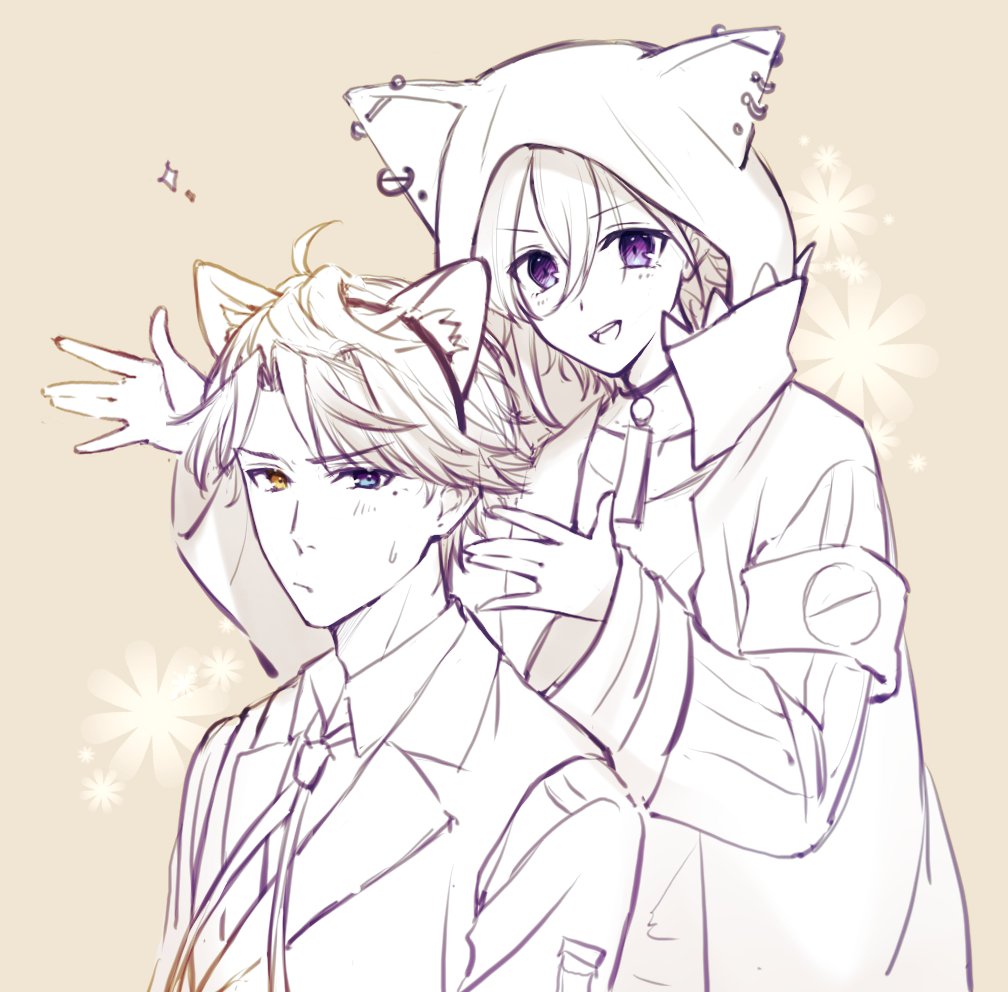 2boys :d ahoge alternate_eye_color animal_ears animal_hood annoyed armband bangs blue_eyes blush cat_hood choker collared_shirt earrings fake_animal_ears floral_background greyscale hair_between_eyes hairband heterochromia holostars hood hood_up hooded_jacket jacket jewelry kanade_izuru looking_at_another looking_at_viewer male_focus mole mole_under_eye monochrome multiple_boys n@o_(nao) neck_ribbon open_clothes open_jacket orange_eyes parted_bangs ribbon shirt short_hair smile sparkle spot_color sweatdrop teeth upper_body upper_teeth vest violet_eyes virtual_youtuber wide_sleeves yellow_background yukoku_roberu