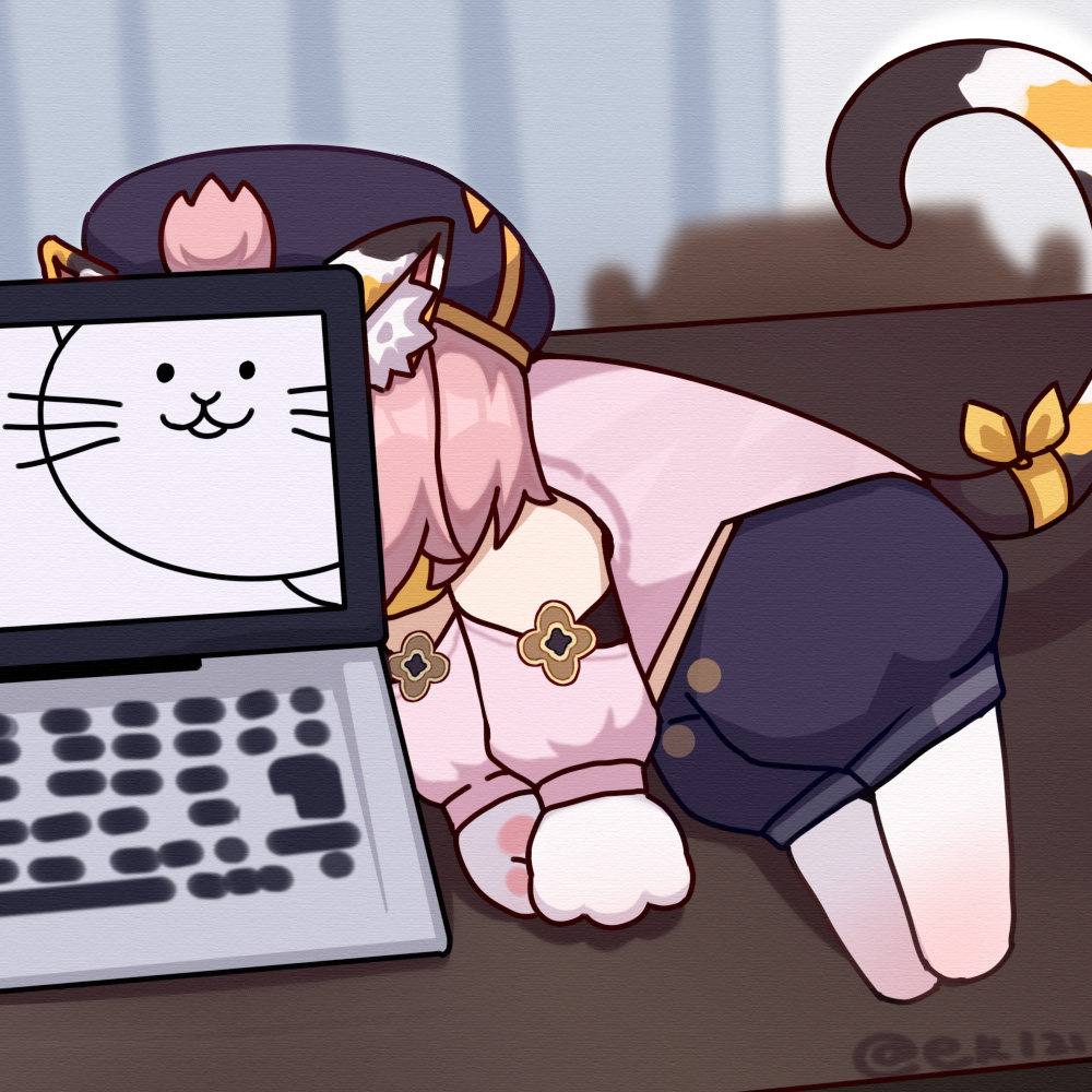 1girl animal_ears animal_hands artist_name cat_(nyanko_daisensou) cat_ears cat_girl cat_tail clothing_cutout computer curtains diona_(genshin_impact) genshin_impact hat laptop ldd.ek lying nyanko_daisensou on_side pantyhose puffy_pants ribbon short_hair solo table tail white_legwear