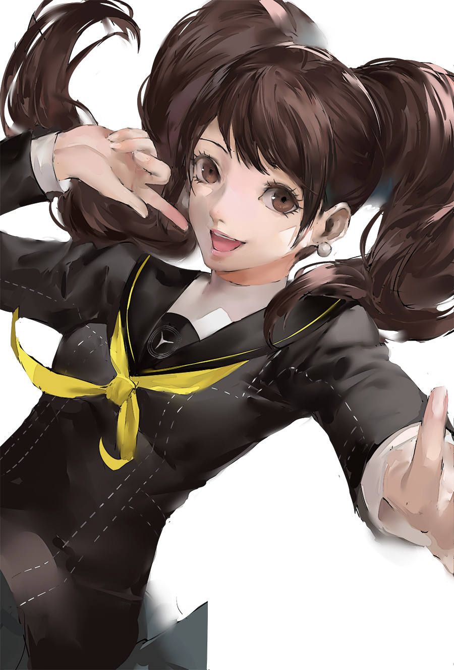 1girl bangs black_sailor_collar blazpu brown_eyes brown_hair commentary_request earrings hand_up highres jewelry kujikawa_rise light lipstick long_hair long_sleeves looking_at_viewer makeup neckerchief outstretched_arm persona persona_4 pointing pointing_at_self revision sailor_collar school_uniform serafuku shaded_face simple_background smile solo sunlight twintails white_background yasogami_school_uniform yellow_neckerchief