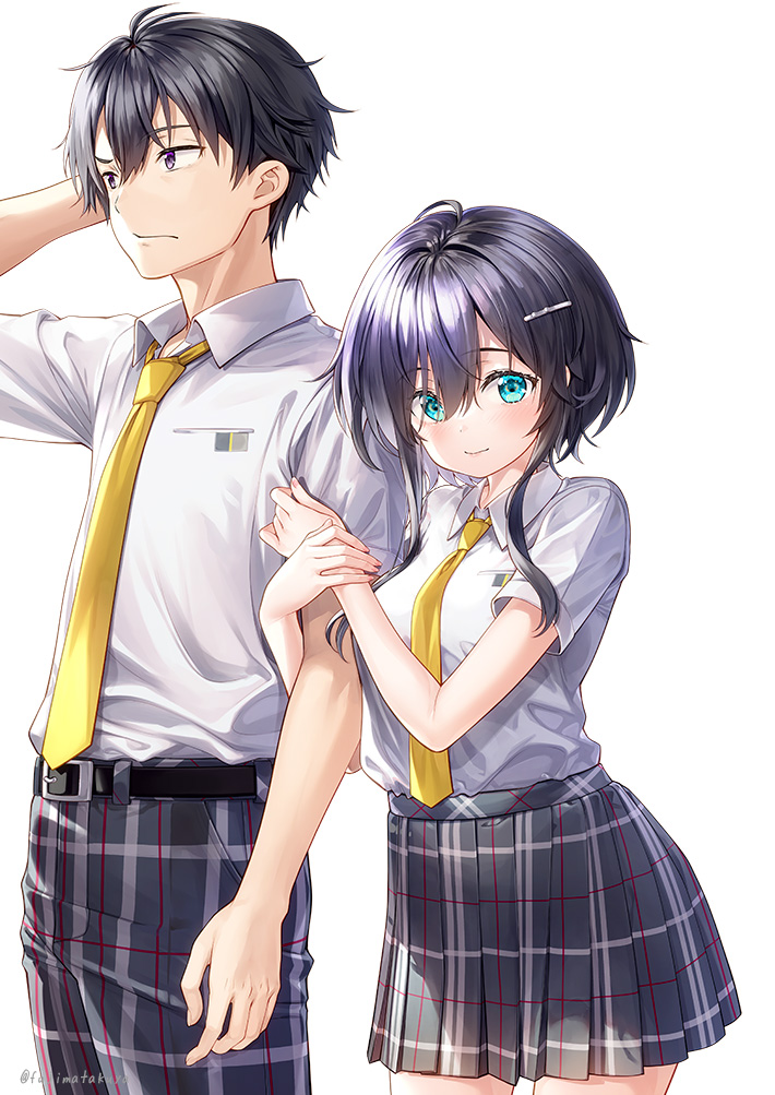 1boy 1girl arm_behind_head arm_hug arm_up bangs belt belt_buckle black_belt black_hair black_pants black_skirt blue_eyes blush breasts buckle closed_mouth collared_shirt commentary_request copyright_request eyebrows_visible_through_hair fujima_takuya hair_between_eyes hair_ornament hairclip long_hair looking_at_viewer medium_breasts neckerchief novel_illustration official_art pants plaid plaid_pants plaid_skirt pleated_skirt school_uniform shirt short_sleeves simple_background skirt smile violet_eyes white_background white_shirt yellow_neckerchief