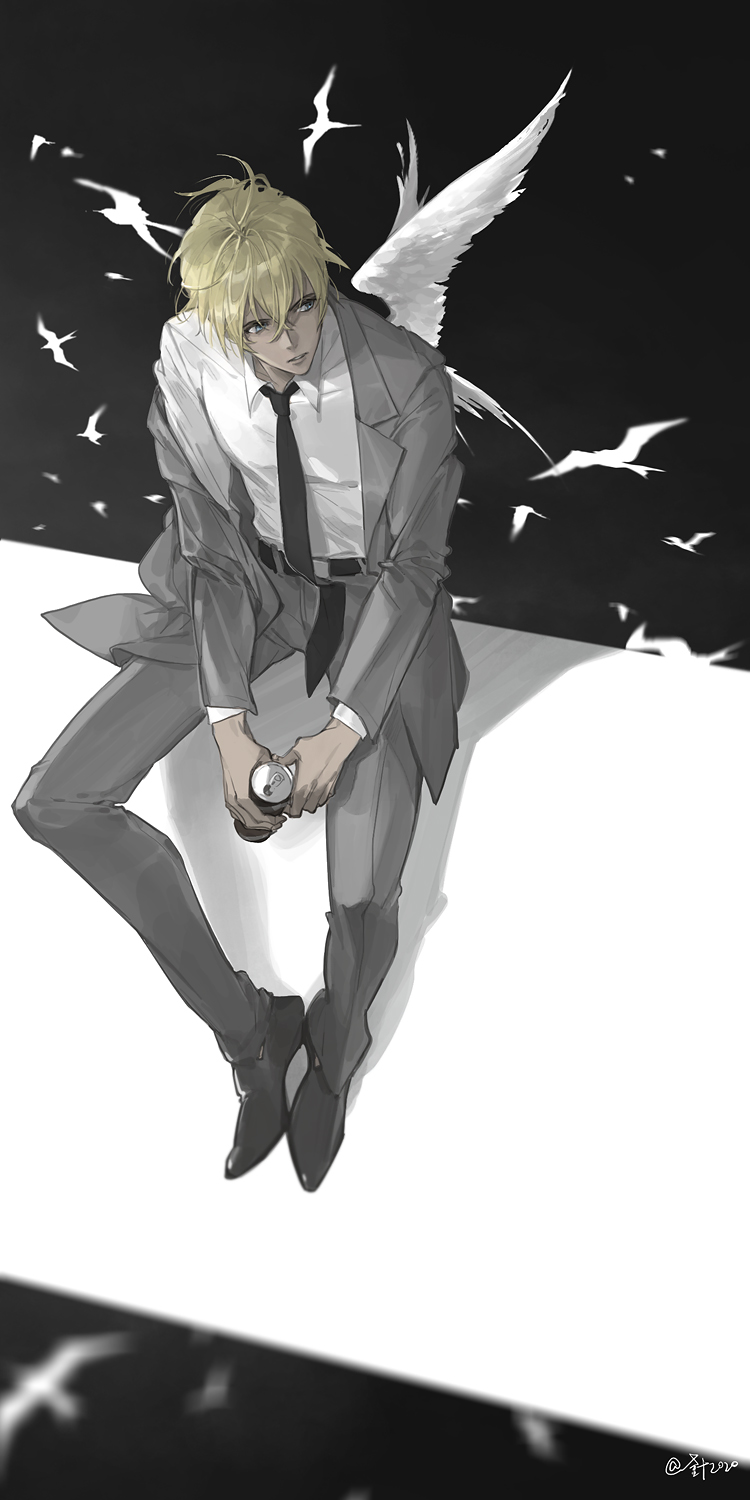 1boy amuro_tooru bangs bird black_background black_necktie blonde_hair blue_eyes blurry can collared_shirt dark-skinned_male dark_skin depth_of_field dress_shirt feathered_wings from_above grey_jacket grey_pants hariharitama highres holding holding_can jacket long_sleeves looking_away looking_to_the_side male_focus meitantei_conan necktie off_shoulder pants parted_lips shadow shirt shoes short_hair sideways_glance single_wing sitting soda_can solo white_shirt white_wings wings