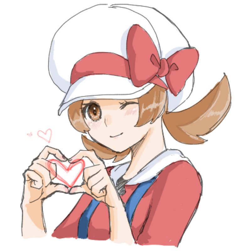 1girl asuka_rkgk blush bow brown_eyes brown_hair closed_mouth commentary hat hat_bow heart heart_hands looking_at_viewer low_twintails lyra_(pokemon) medium_hair one_eye_closed pokemon pokemon_(game) pokemon_hgss red_bow red_shirt shirt sidelocks simple_background sketch smile solo suspenders twintails upper_body white_background white_headwear