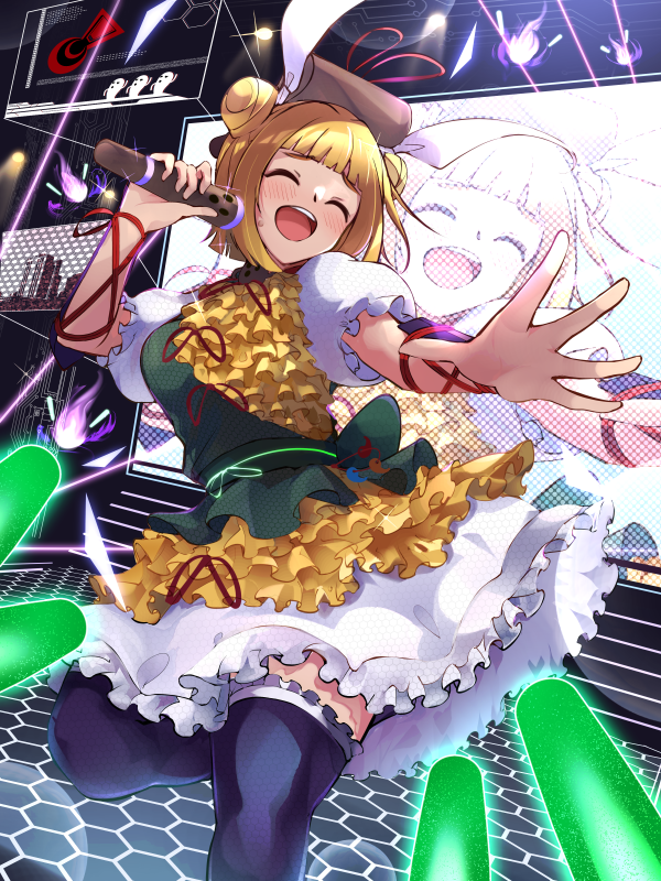 13-gou 1girl adapted_costume blush bow frills glowstick green_bow hair_bun idol joutouguu_mayumi microphone music orange_hair screen short_hair singing skirt smile solo stage teeth thigh-highs touhou upper_teeth