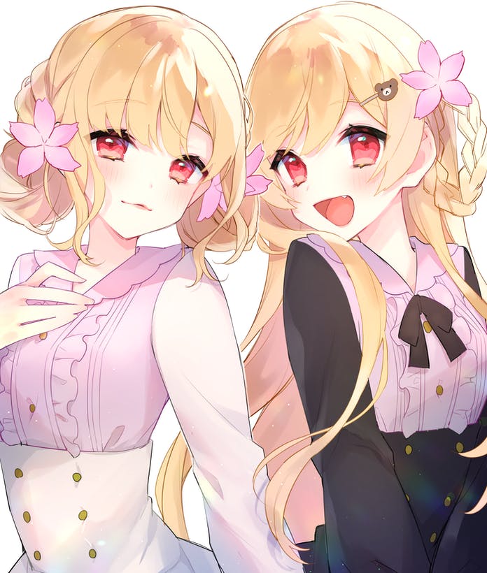 2girls blonde_hair blush chiyomaru_(yumichiyo0606) closed_mouth commission dress fang flower hair_flower hair_ornament holding_hands indie_virtual_youtuber looking_at_viewer matching_outfit multiple_girls open_mouth pink_eyes siblings sisters skeb_commission virtual_youtuber yozakura_mia yozakura_noa