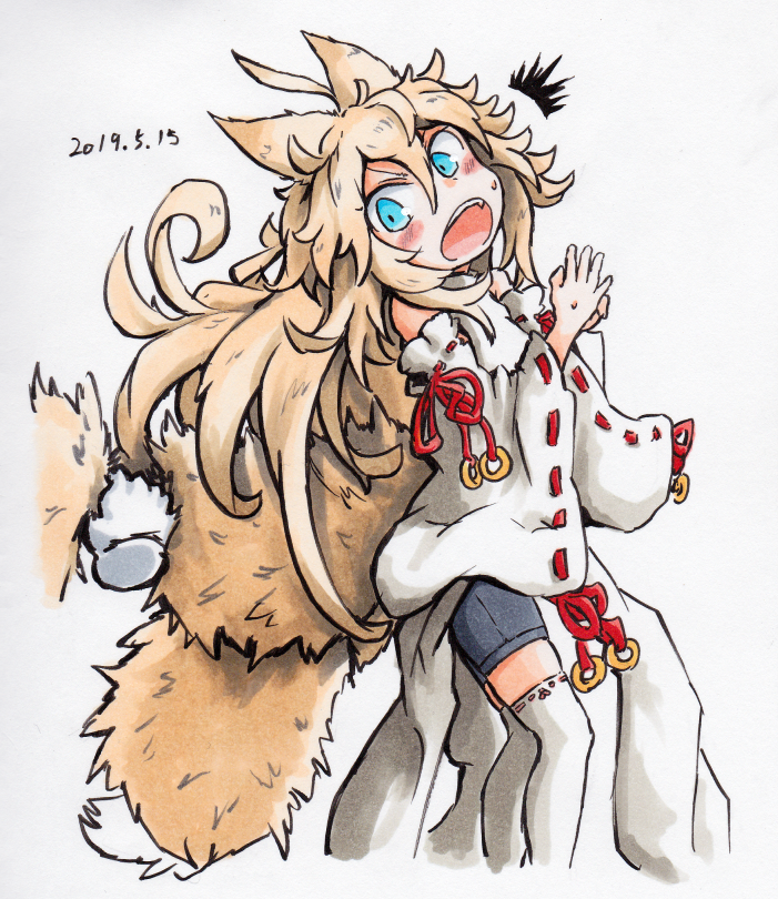 1girl 1other ahoge animal_ears bangs blue_eyes blue_shorts blush_stickers bow dated disembodied_limb fox_ears fox_girl fox_tail hair_between_eyes japanese_clothes kazekiri kitsune light_brown_hair long_hair long_sleeves looking_back looking_down multiple_tails open_mouth original red_bow red_ribbon ribbon short_shorts shorts simple_background surprised tail tail_grab teeth thigh-highs traditional_media upper_teeth very_long_hair white_background white_legwear wide_sleeves