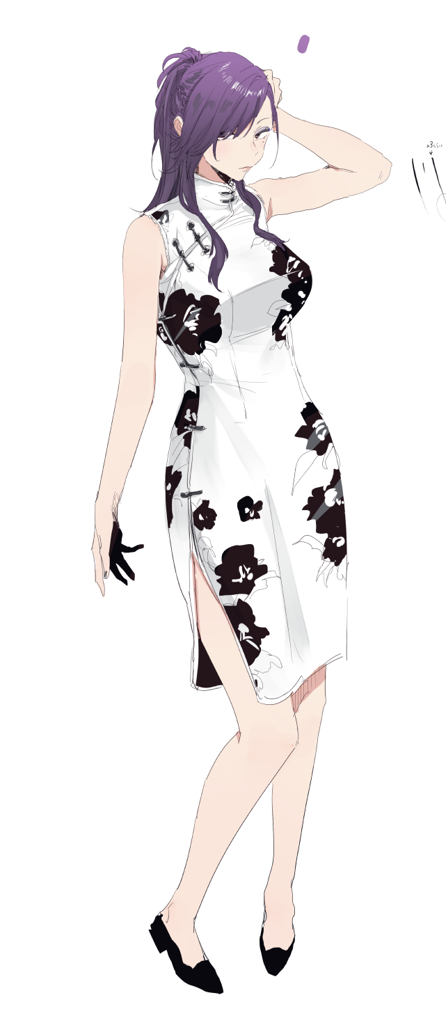 1girl bare_shoulders china_dress chinese_clothes dress eyeliner full_body goshiki_suzu highres looking_at_viewer makeup original purple_hair simple_background sketch sleeveless sleeveless_dress solo violet_eyes white_background