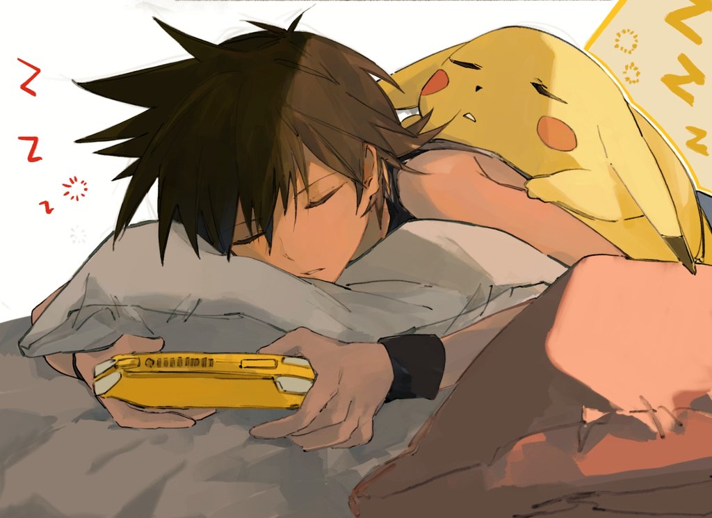 1boy black_shirt black_wristband brown_hair closed_eyes commentary holding lying male_focus on_stomach parted_lips pikachu pillow pokemon pokemon_(creature) pokemon_adventures pokemon_on_back red_(pokemon) sakanobo_(sushi1021) shirt short_hair sleeping sleeveless sleeveless_shirt spiky_hair wristband zzz