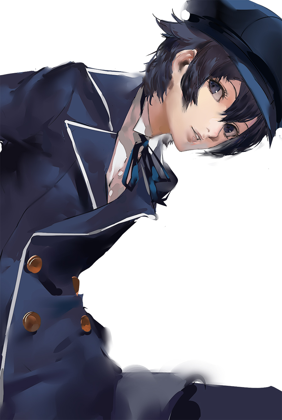 1girl bangs blazpu blue_eyes blue_hair blue_necktie buttons cabbie_hat collared_shirt hair_between_eyes hat highres jacket leaning_forward lips looking_at_viewer necktie parted_lips persona persona_4 reverse_trap school_uniform shirogane_naoto shirt short_hair simple_background solo white_background white_shirt yasogami_school_uniform
