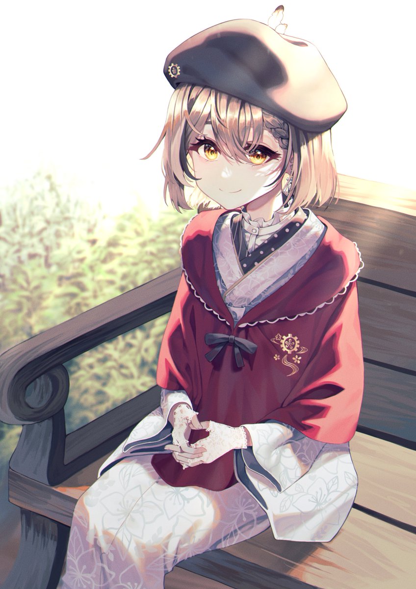 1girl bangs bench beret braid braided_bangs brown_eyes brown_hair bush earrings ellet_j floral_print gloves hat highres hololive hololive_english japanese_clothes jewelry kimono lace lace_gloves light_rays looking_at_viewer multicolored_hair nanashi_mumei official_alternate_costume own_hands_together print_kimono red_shawl ribbon shawl short_hair single_earring sitting streaked_hair virtual_youtuber white_kimono