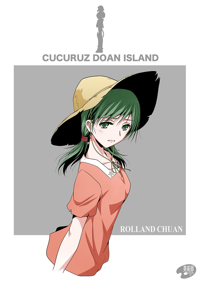 1girl artist_logo bangs breasts cara_(doan's_island) character_name collarbone commentary copyright_name english_text eyebrows_visible_through_hair green_eyes green_hair grey_background gundam hat logo long_hair looking_at_viewer low_twintails mecha mobile_suit_gundam mobile_suit_gundam:_cucuruz_doan's_island orange_shirt rolland_chuan shirt shizuki_michiru short_sleeves silhouette small_breasts solo straw_hat twintails two-tone_background upper_body white_background zaku_ii