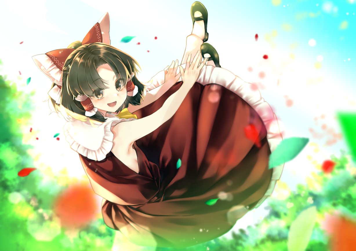 1girl armpits ascot bangs bare_arms bare_shoulders black_footwear blurry blush bow breasts brown_eyes brown_hair bush collared_dress dress eyebrows_visible_through_hair flower flying frills from_behind hair_ornament hair_tubes hakurei_reimu leaf light looking_at_viewer looking_back meji_aniki open_mouth parted_bangs petals red_bow red_dress red_flower red_rose rose shoes short_hair sky small_breasts smile solo touhou white_sky yellow_ascot