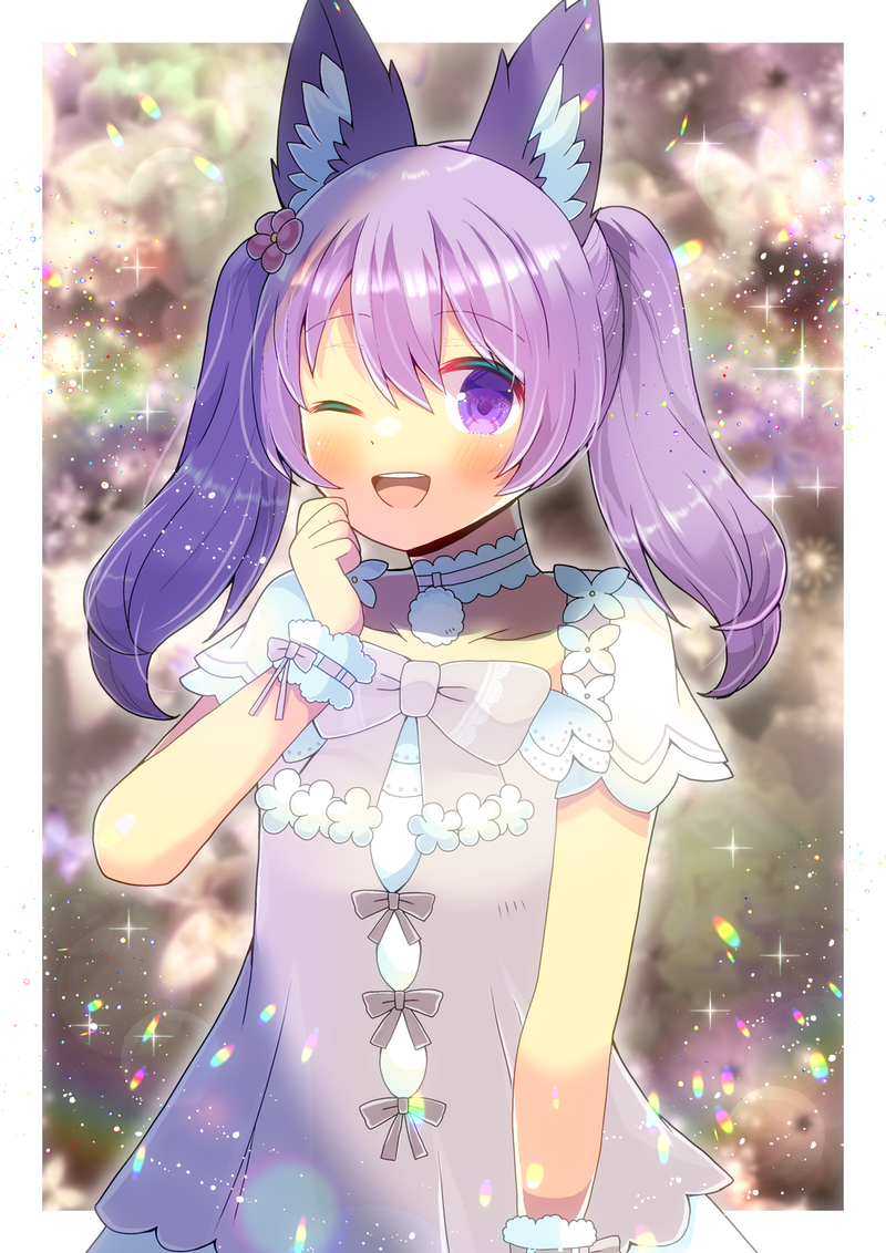 1girl animal_ears blush border choker commission dress hiyocom indie_virtual_youtuber kou_hiyoyo looking_at_viewer one_eye_closed open_mouth purple_hair skeb_commission smile solo violet_eyes virtual_youtuber white_border wolf_ears wolf_girl wristband
