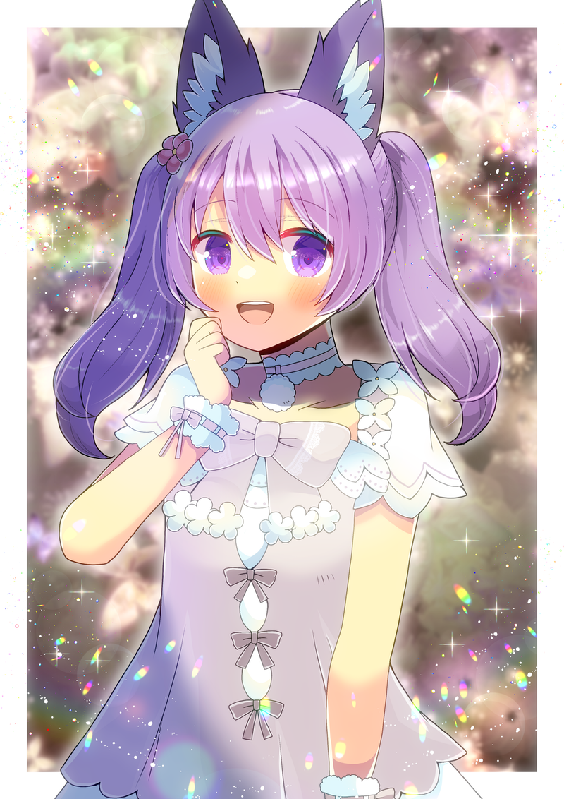 1girl animal_ears blush border choker commission dress hiyocom indie_virtual_youtuber kou_hiyoyo looking_at_viewer open_mouth purple_hair skeb_commission smile solo violet_eyes virtual_youtuber white_border wolf_ears wolf_girl wristband