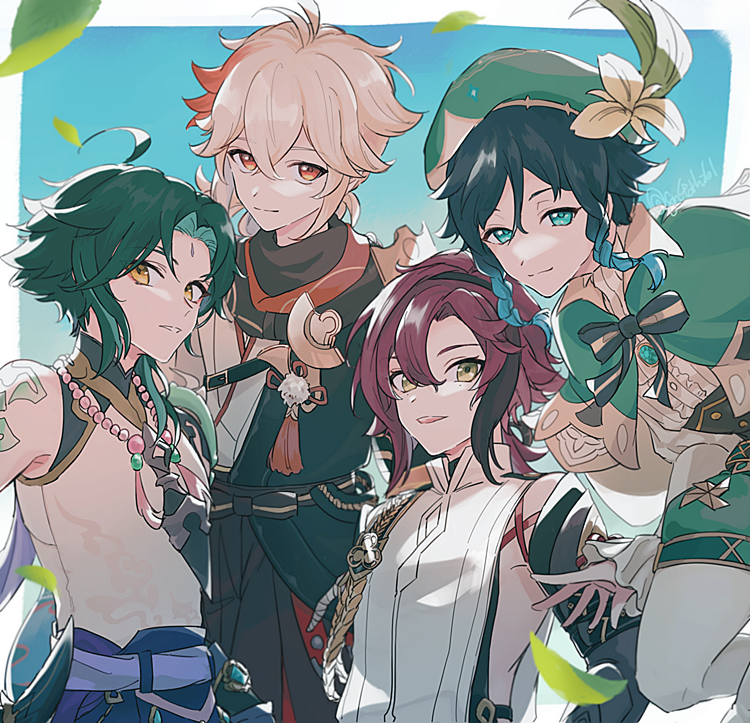 4boys ahoge antenna_hair aqua_hair arm_tattoo bangs bead_necklace beads blush cape collared_cape facial_mark flower forehead_mark genshin_impact gn4othi61 gradient_hair green_cape green_eyes green_headwear grin hair_between_eyes hakama hakama_pants hat hat_flower japanese_clothes jewelry kaedehara_kazuha long_sleeves looking_at_viewer male_focus multicolored_hair multiple_boys necklace open_mouth pants pom_pom_(clothes) power_connection red_eyes shikanoin_heizou side_ponytail sidelocks smile streaked_hair tattoo twintails venti_(genshin_impact) vision_(genshin_impact) white_legwear wide_sleeves xiao_(genshin_impact) yellow_eyes