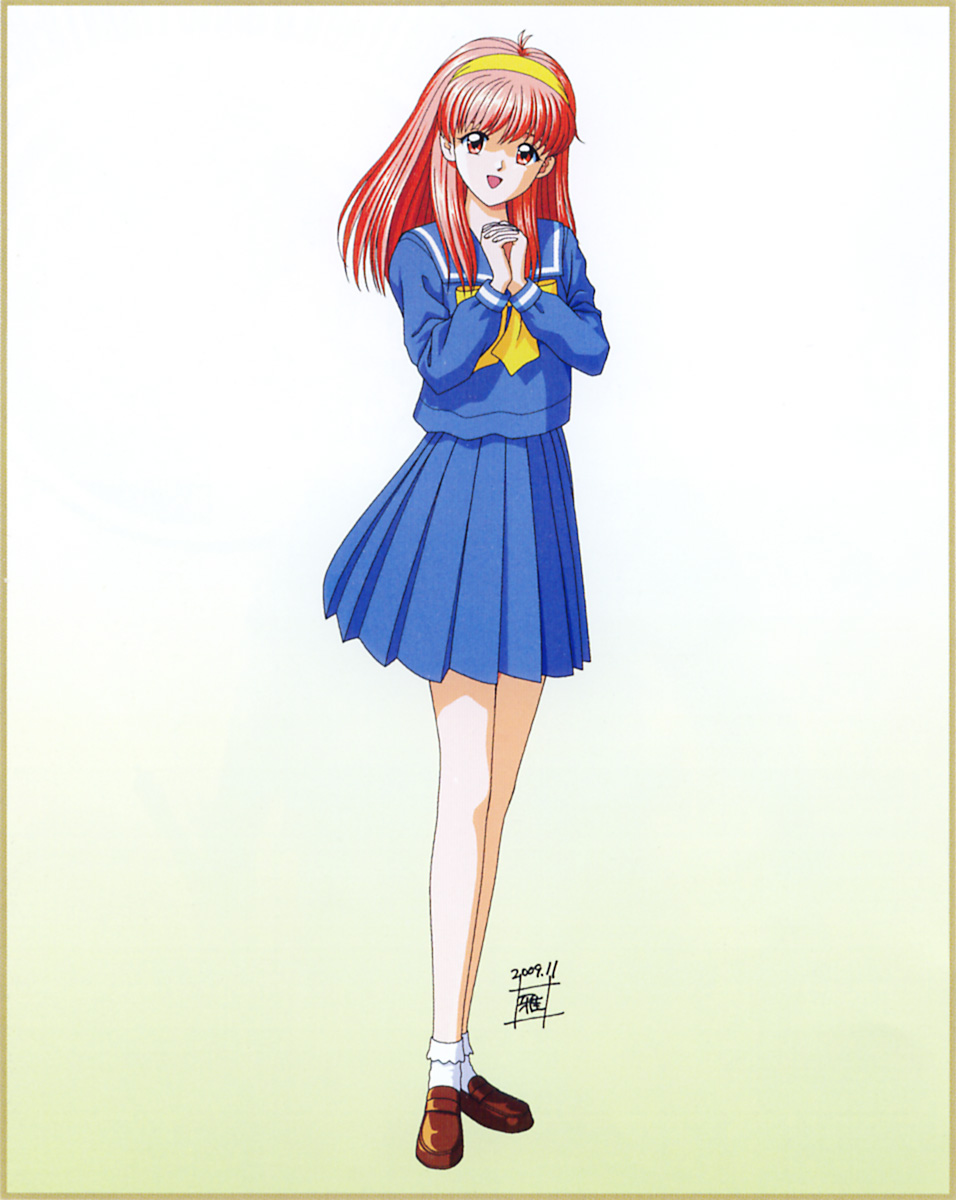 1girl bangs blue_skirt border brown_footwear fujisaki_shiori full_body gradient gradient_background hairband highres interlocked_fingers loafers long_sleeves looking_at_viewer non-web_source official_art open_mouth own_hands_together pleated_skirt red_eyes redhead scan school_uniform shoes shopyun skirt solo standing tokimeki_memorial tokimeki_memorial_1