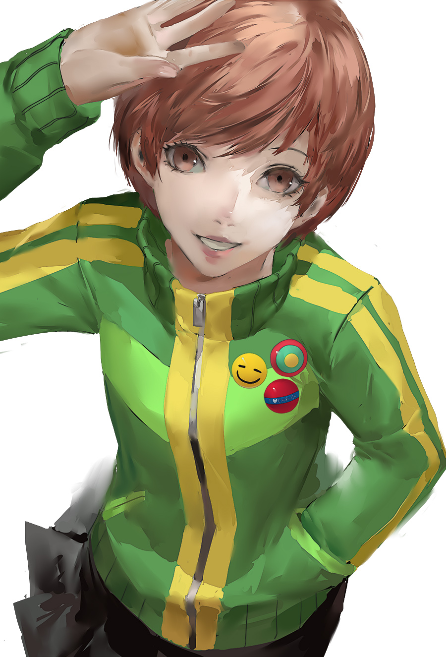 1girl arm_up bangs blazpu breasts brown_eyes brown_hair clenched_hands closed_mouth green_jacket hand_in_pocket hands_up high_collar highres jacket lips looking_at_viewer medium_breasts multiple_views open_mouth persona persona_4 satonaka_chie shaded_face shadow short_hair simple_background smile swept_bangs track_jacket upper_body white_background zipper