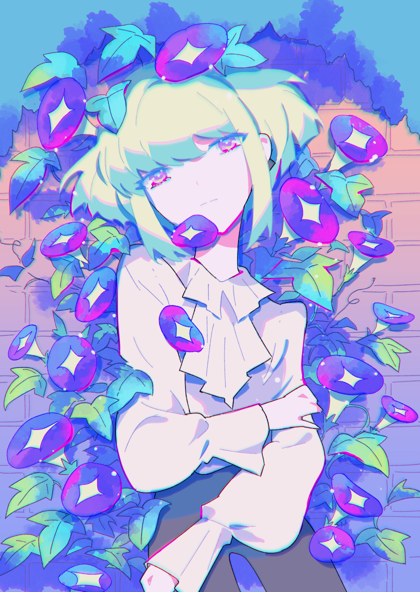 androgynous bishounen brick_wall earrings flower flower_request frilled_sleeves frills green_hair jewelry leaf lio_fotia looking_at_viewer male_focus promare purple_flower short_hair sidelocks single_earring solo violet_eyes wazuka_(wzzc)