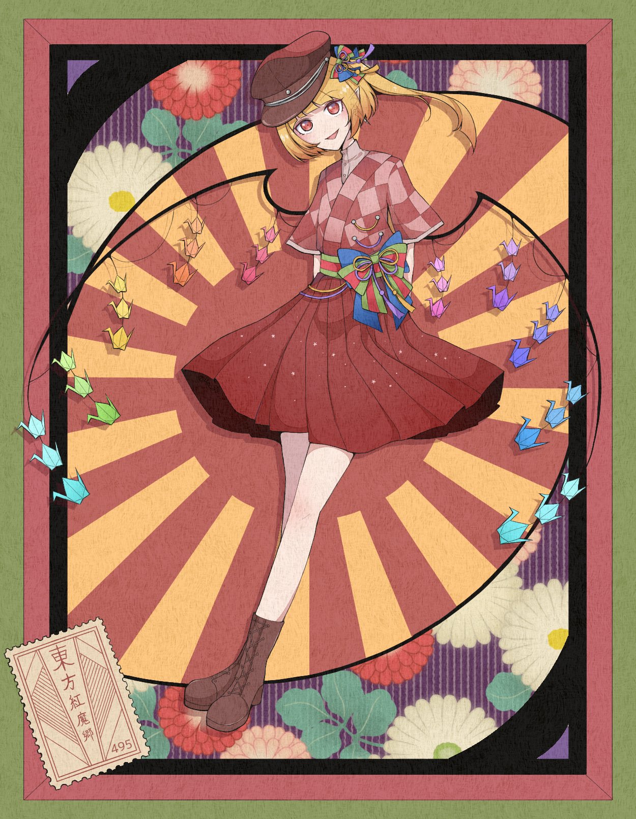 blonde_hair boots brown_footwear flandre_scarlet hair_ribbon hat highres hiratose02_(mxx_459) open_mouth origami paper_crane pointy_ears postage_stamp postcard red_eyes red_headwear red_shirt red_skirt ribbon shirt skirt touhou vampire wings