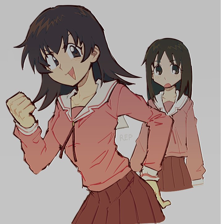 2girls azumanga_daioh azumanga_daioh's_school_uniform bangs brown_eyes brown_hair clenched_hand collarbone cropped_legs hand_up kasuga_ayumu long_hair long_sleeves looking_at_viewer medium_hair multiple_girls neck_ribbon open_mouth pink_shirt pleated_skirt red_ribbon red_skirt reptacular ribbon sailor_collar school_uniform serafuku shirt skirt smile takino_tomo tongue v-shaped_eyebrows white_sailor_collar