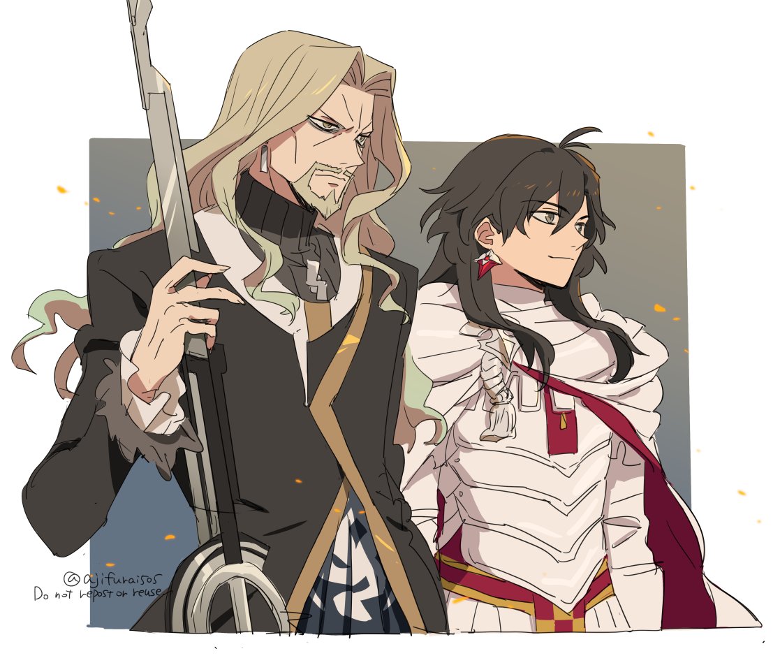 2boys armor asaya_minoru bangs beard black_hair black_jacket breastplate brown_eyes brown_hair cloak closed_mouth constantine_xi_(fate) earrings english_text facial_hair fate/apocrypha fate_(series) forehead frilled_sleeves frills grey_sweater holding jacket jewelry long_hair long_sleeves looking_away male_focus multiple_boys mustache parted_bangs ribbed_sweater smile sweater turtleneck turtleneck_sweater twitter_username upper_body v-shaped_eyebrows vlad_iii_(fate/apocrypha) white_cloak