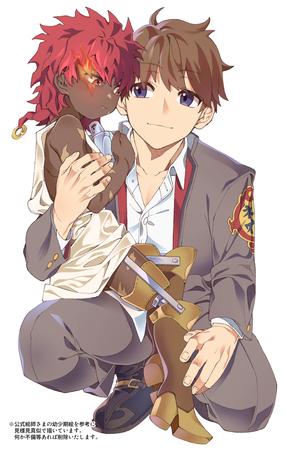 2boys amputee blue_eyes brown_hair collarbone collared_shirt commentary_request dark-skinned_male dark_skin double_amputee flaming_eye hephaestus_(housamo) highres holding holding_toy kneeling loafers looking_at_another male_child male_focus master_4_(housamo) multiple_boys nakanakana prosthesis red_eyes redhead ring_hair_ornament school_uniform shirt shoes tokyo_afterschool_summoners toy translation_request tunic white_background white_shirt younger