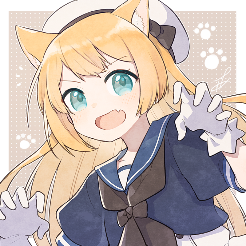 1girl animal_ears ark_kan black_neckerchief blonde_hair blue_eyes blue_sailor_collar cat_ears claw_pose commentary commentary_request commission curled_fingers dress fang gloves hat jervis_(kancolle) kantai_collection long_hair neckerchief paw_print sailor_collar sailor_dress sailor_hat skin_fang solo upper_body white_gloves white_headwear