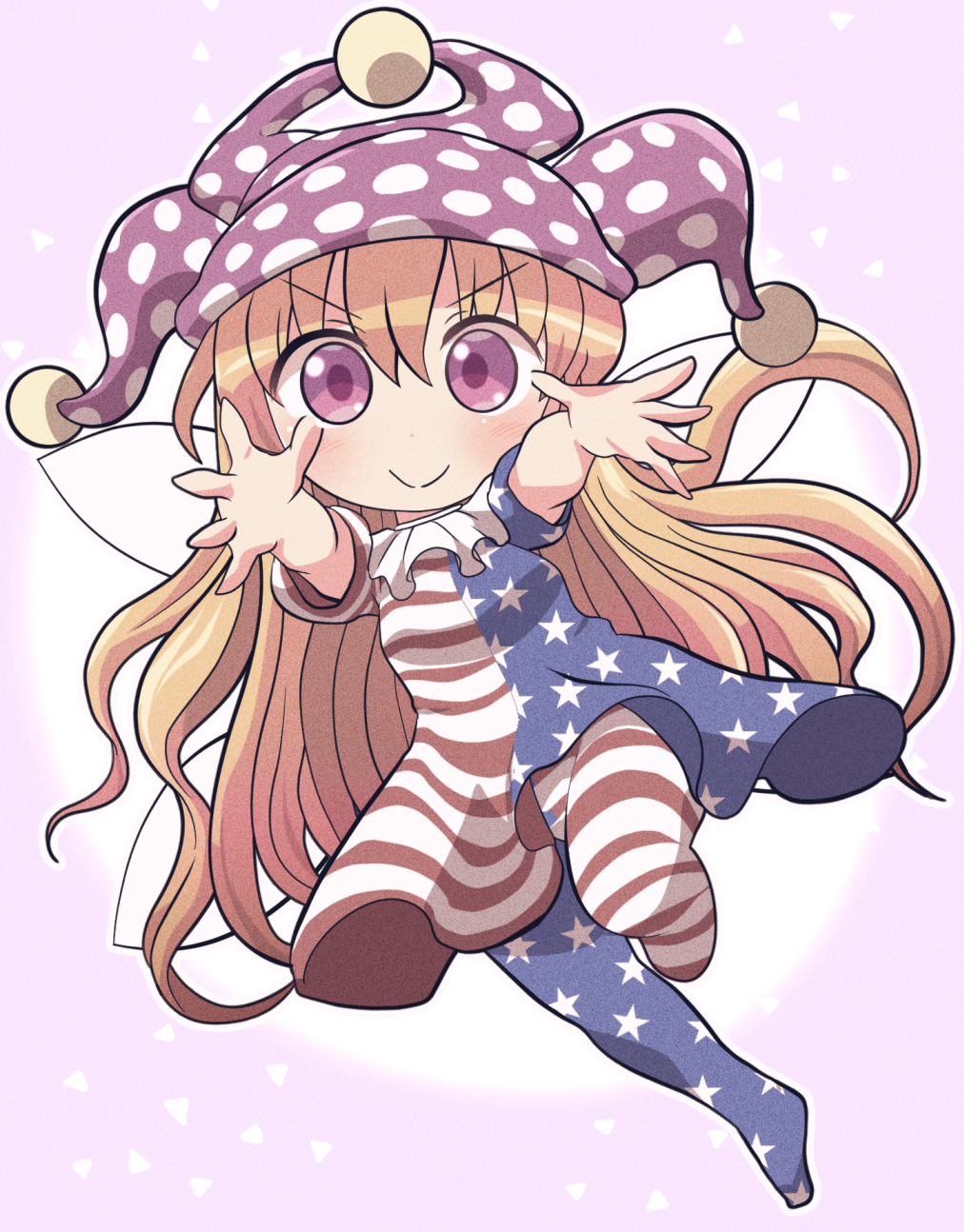 1girl american_flag_dress american_flag_legwear blonde_hair blush closed_mouth clownpiece dress eyebrows_visible_through_hair fairy fairy_wings full_body hair_between_eyes hat highres jester_cap long_hair pantyhose pink_eyes pink_headwear polka_dot polka_dot_headwear rokugou_daisuke short_sleeves smile solo star_(symbol) star_print striped striped_dress striped_legwear touhou wings