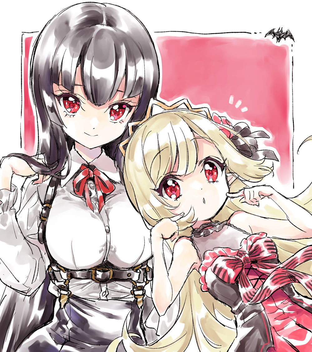 2girls atre bare_shoulders black_hair blonde_hair blush breasts closed_mouth dress ecute eyebrows_visible_through_hair flower gothic_lolita hair_flower hair_ornament jashin-chan_dropkick large_breasts lolita_fashion long_hair looking_at_viewer multiple_girls official_art open_mouth red_dress red_eyes shiny shiny_hair small_breasts smile upper_body yukiwo