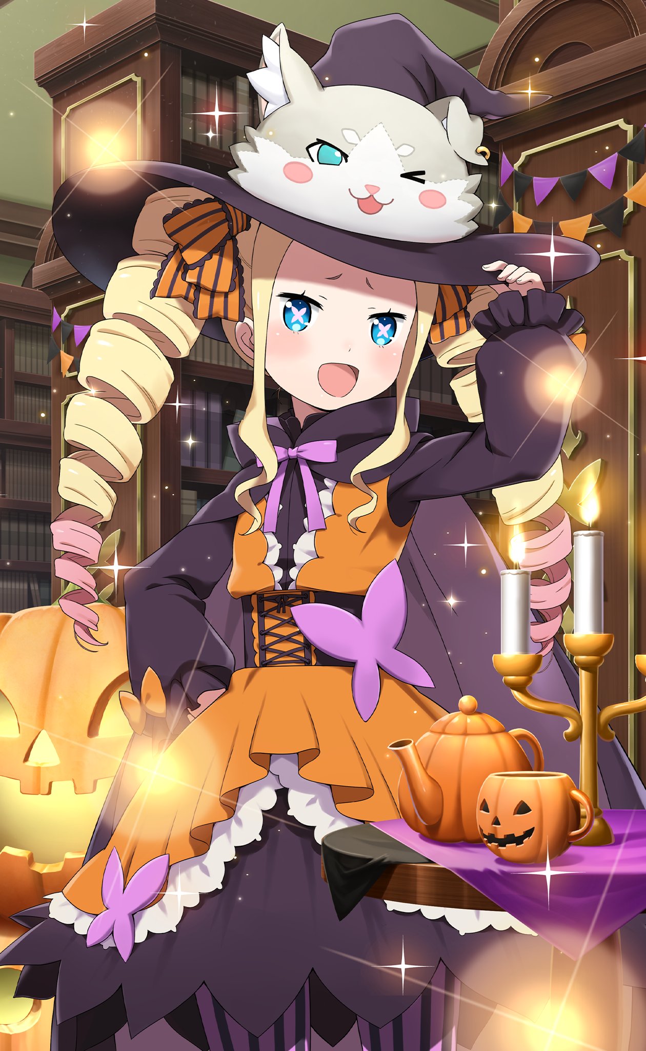 1girl adjusting_clothes adjusting_headwear beatrice_(re:zero) blonde_hair blue_eyes bow bowtie bug butterfly dress drill_hair frilled_sleeves frills gradient_hair hair_bow halloween_costume hat highres jack-o'-lantern library long_hair long_sleeves looking_at_viewer multicolored_hair official_art open_mouth orange_bow orange_dress pink_hair puck_(re:zero) purple_bow purple_bowtie re:zero_kara_hajimeru_isekai_seikatsu smile striped striped_legwear symbol-shaped_pupils twin_drills witch_hat