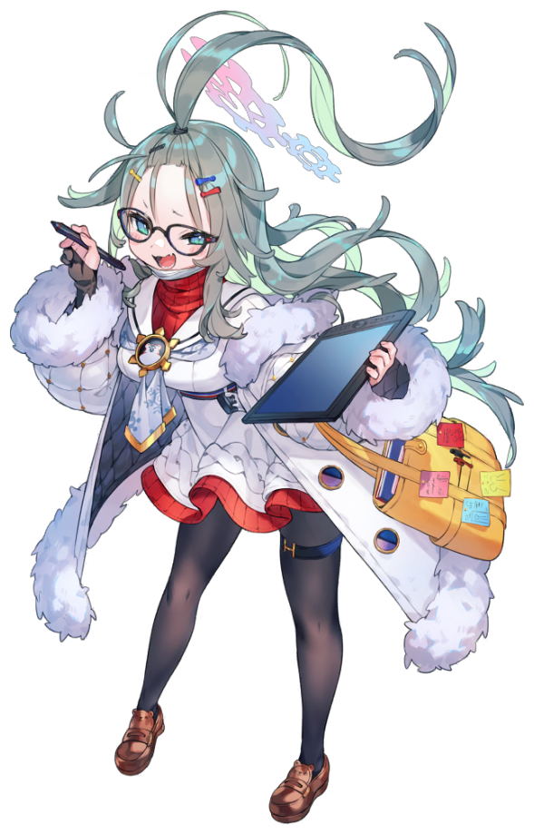 1girl ahoge bag blue_archive blue_eyes breasts fang forehead full_body glasses grey_hair hair_ornament hairclip long_hair looking_at_viewer medium_breasts meru_(blue_archive) official_art open_mouth pantyhose shoes stylus tablet_pc transparent_background winter_clothes