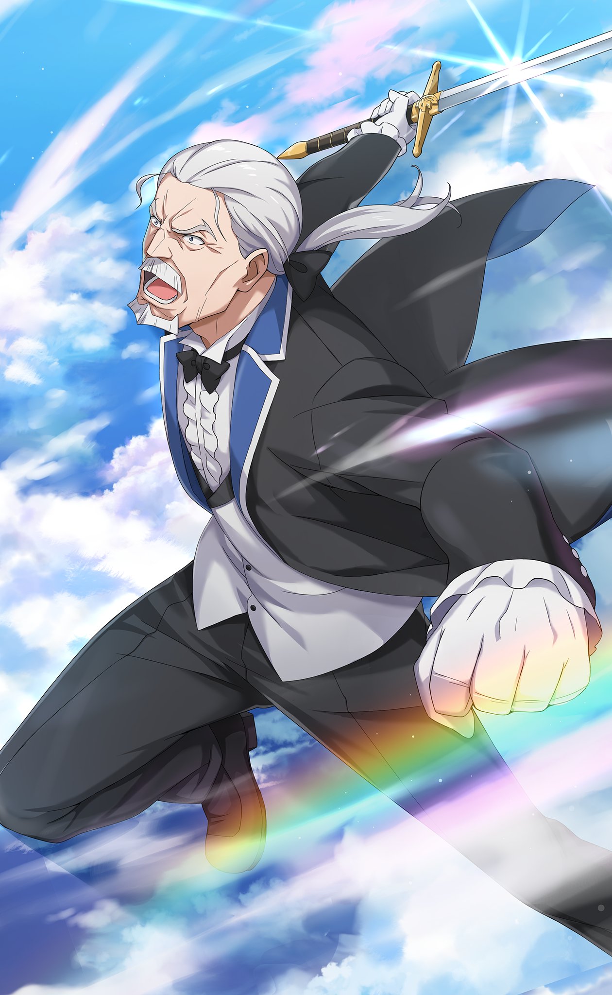 1boy black_pants blue_eyes butler clouds cloudy_sky facial_hair frilled_sleeves frills gloves grey_hair highres holding holding_sword holding_weapon long_sleeves looking_at_viewer low_ponytail male_focus mustache official_art old old_man open_mouth outdoors pants rainbow re:zero_kara_hajimeru_isekai_seikatsu sky sword weapon white_gloves wilhelm_(re:zero)