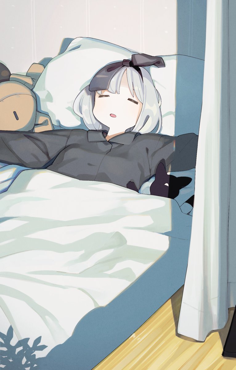 1girl =_= bangs bed black_shirt blanket bow_hairband cat closed_eyes collared_shirt curtains hairband highres indoors long_sleeves open_mouth original pajamas pillow shirt short_hair sleeping solo under_covers urayamashiro_(artist)