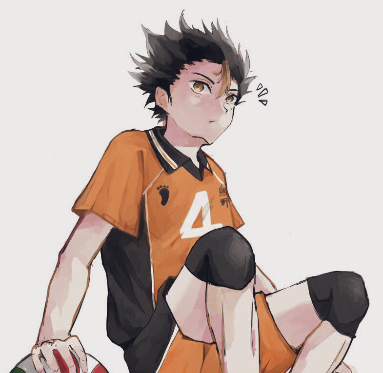 bangs black_hair blonde_hair brown_eyes dyed_bangs haikyuu!! knee_pads nishinoya_yuu sitting spiky_hair sportswear uka_suisai volleyball volleyball_uniform white_background