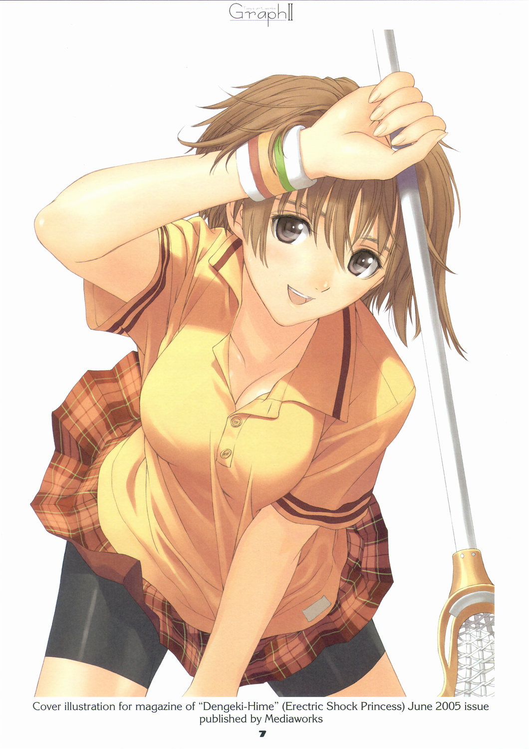 arm_up bike_shorts blush breasts brown_hair cleavage grey_eyes highres lacrosse leaning_forward original plaid scan school_uniform short_hair skirt smile solo taka_tony tony_taka wristband