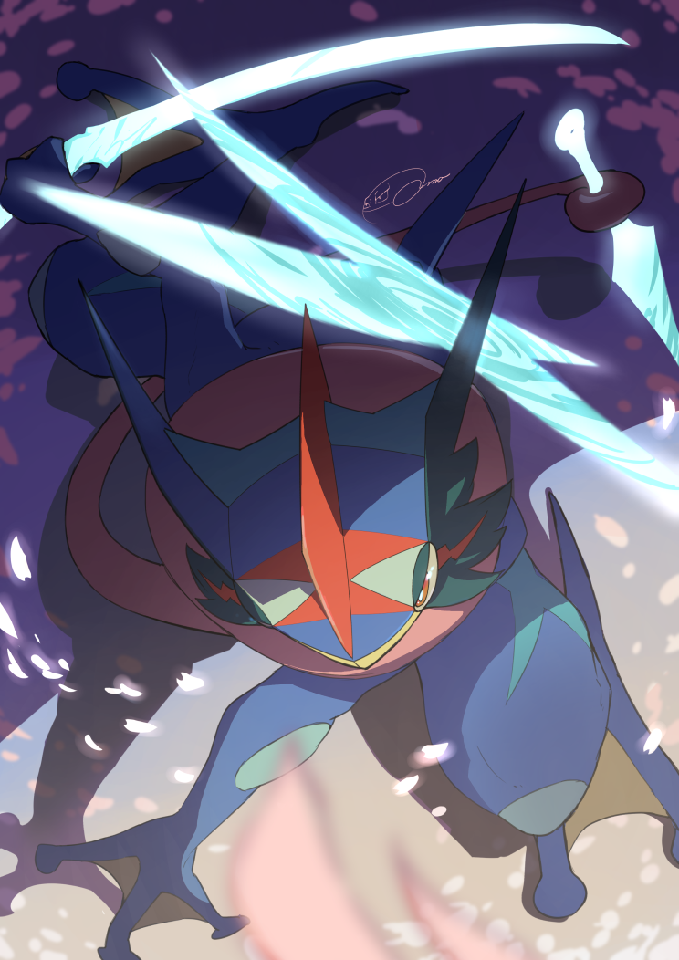 ash-greninja bright_pupils commentary_request from_above greninja holding holding_weapon koma_nezumi pokemon pokemon_(creature) red_eyes signature solo squatting tongue weapon white_pupils