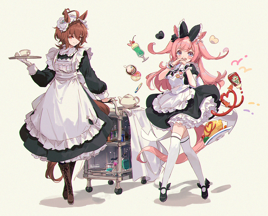 2girls agnes_digital_(umamusume) agnes_tachyon_(umamusume) ahoge alternate_costume animal_ears apron bangs beaker black_dress black_footwear boots bow brown_footwear brown_hair closed_mouth crossed_legs dress enmaided erlenmeyer_flask flask food full_body gloves hair_bow heart holding holding_tray horse_ears horse_girl horse_tail ketchup long_hair long_sleeves looking_at_viewer maid maid_apron maid_headdress mary_janes medium_hair milkshake multiple_girls omurice open_mouth petticoat pink_hair serving_cart shadow shoes simple_background smile standing tail teapot test_tube thigh-highs tray two_side_up umamusume welchino white_gloves white_legwear wrist_cuffs