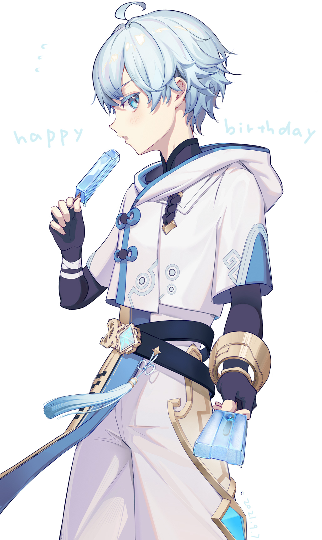1boy blue_eyes blue_hair chinese_clothes chongyun_(genshin_impact) commentary_request eating fingerless_gloves food fruit genshin_impact gloves hair_between_eyes happy_birthday highres holding holding_food male_child male_focus popsicle short_hair solo symbol-only_commentary vanink