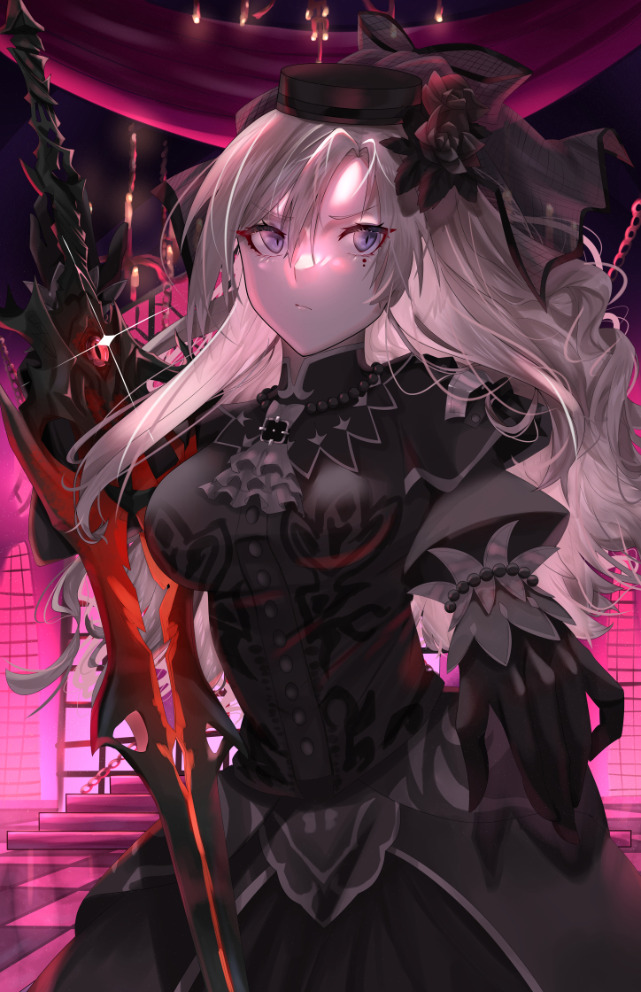 1girl artist_request ascot black_capelet black_dress black_flower black_headwear black_rose breasts capelet dress eyebrows_visible_through_hair fate/grand_order fate_(series) flower grey_eyes indoors kriemhild_(fate) long_hair looking_at_viewer medium_breasts mole mole_under_eye rose scolding solo sword veil weapon