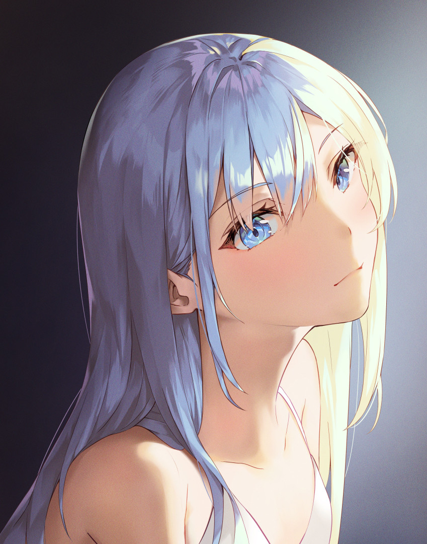1girl bangs bare_shoulders black_background blue_eyes blue_hair closed_mouth collarbone eyebrows_visible_through_hair gradient gradient_background grey_background kokose light long_hair looking_at_viewer original sleeveless smile solo upper_body