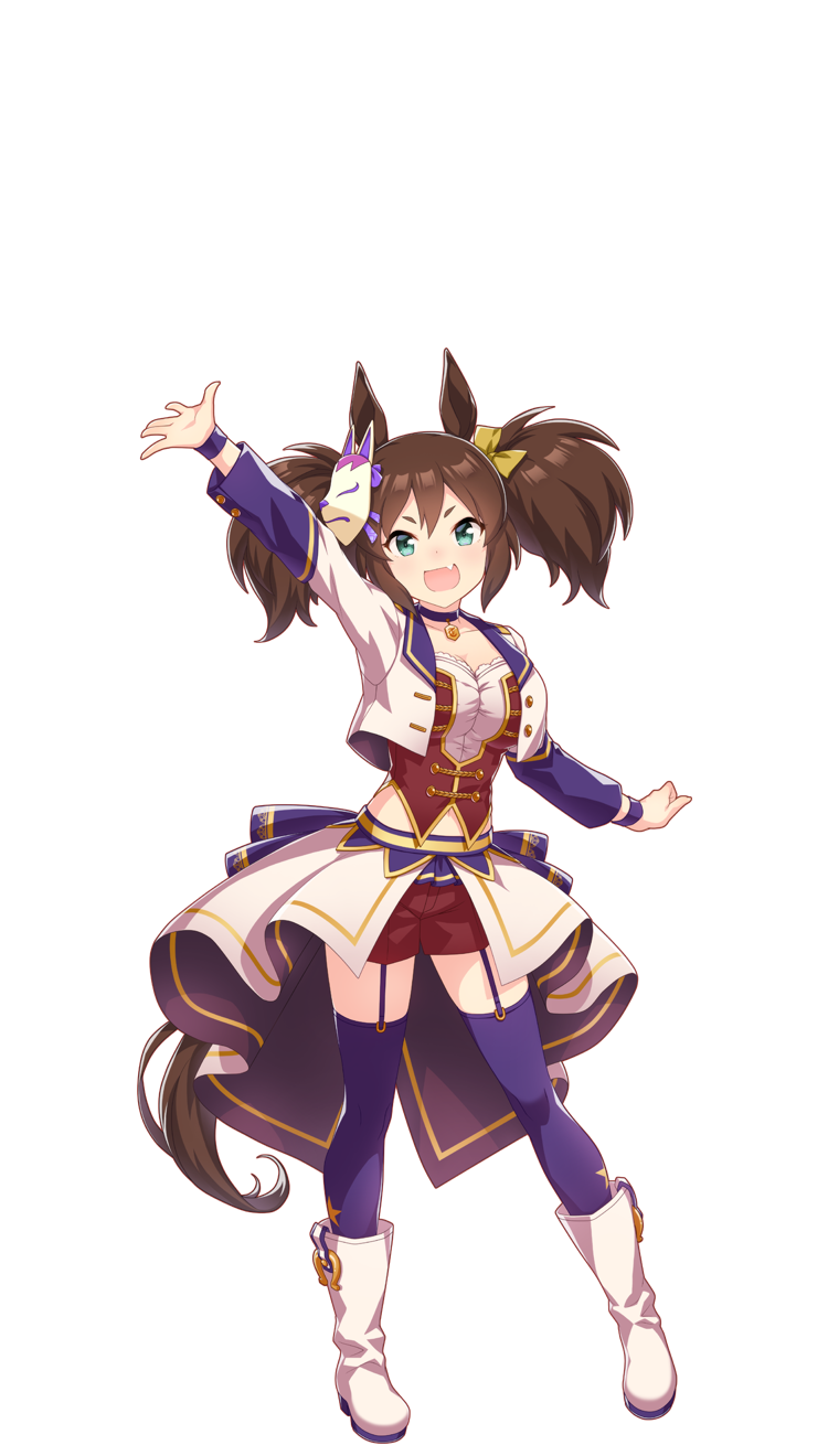 1girl animal_ears aqua_eyes boots brown_hair choker clothing_cutout common_race_outfit_(umamusume) fox_mask garter_straps hair_between_eyes hair_ornament hand_up highres horse_ears horse_girl horse_tail idol_clothes inari_one_(umamusume) long_sleeves mask mask_on_head navel navel_cutout official_art open_mouth pendant_choker red_shorts ribbon shorts simple_background tail thigh-highs transparent_background twintails umamusume wristband yellow_ribbon