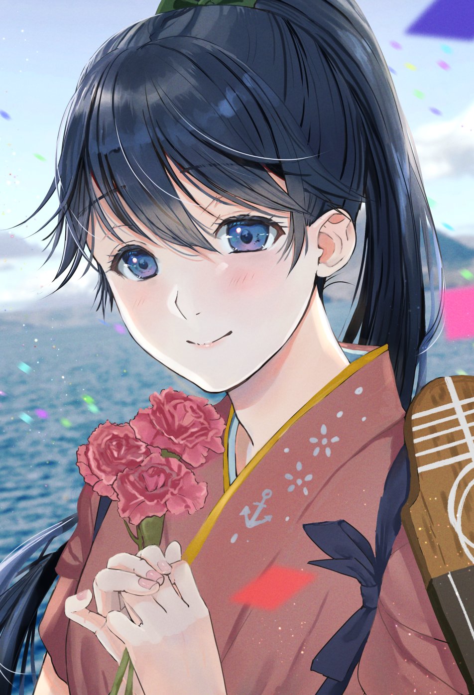 1girl black_hair blue_eyes clouds commentary_request flight_deck flower gradient_sky highres holding horizon houshou_(kancolle) japanese_clothes kantai_collection kimono long_hair looking_at_viewer magai_akashi ocean pink_kimono ponytail rose sky solo tasuki upper_body water